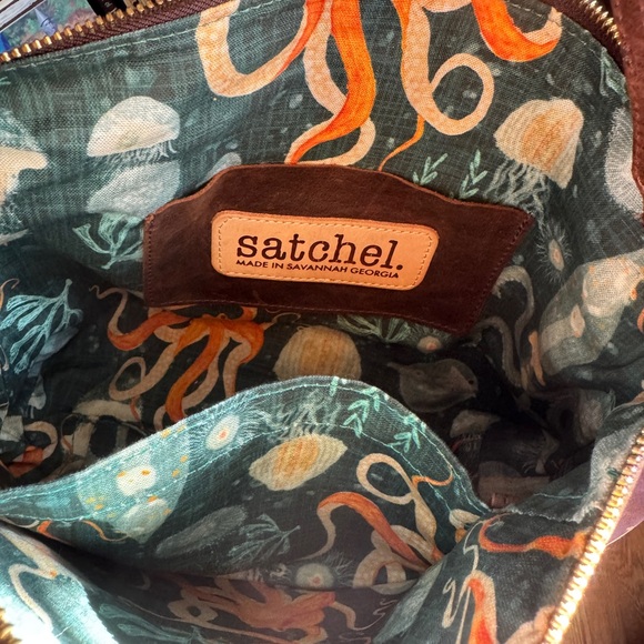 Satchel Large Carrie Mojave Brown Leather with teal Octopus lining Crossbody Bag - Picture 2 of 3